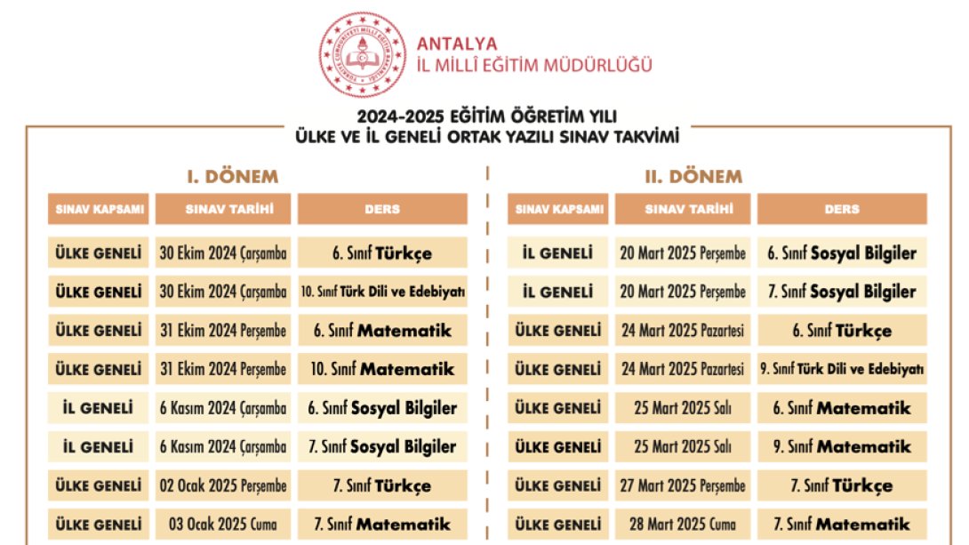 2024-2025 Eğitim Öğretim Yılı Ülke ve İl Geneli Ortak Sınav Takvimi 